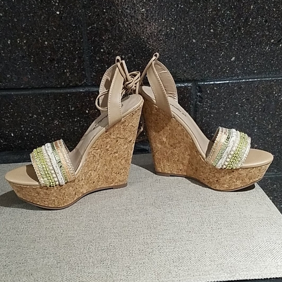 TAN NEUTRAL BEADED SANDAL CORK WEDGES ANKLE STRAPS - Picture 7 of 10